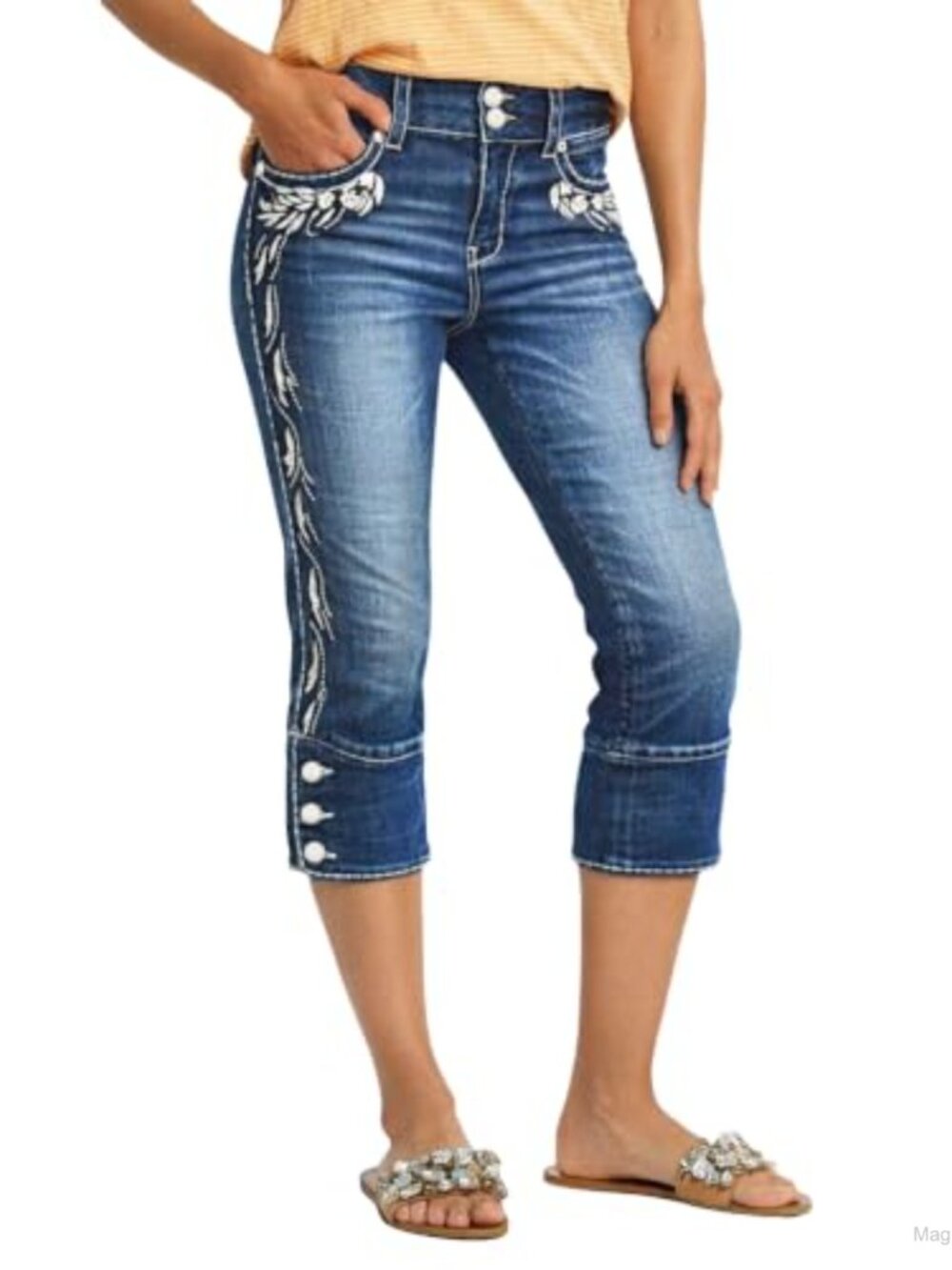 Skinny Capri Jeans Women High Waist Denim Pants Embroidered Stretch